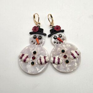 Betsey Johnson Earrings Snowman Winter Holiday 3D Crystals Large Dangle